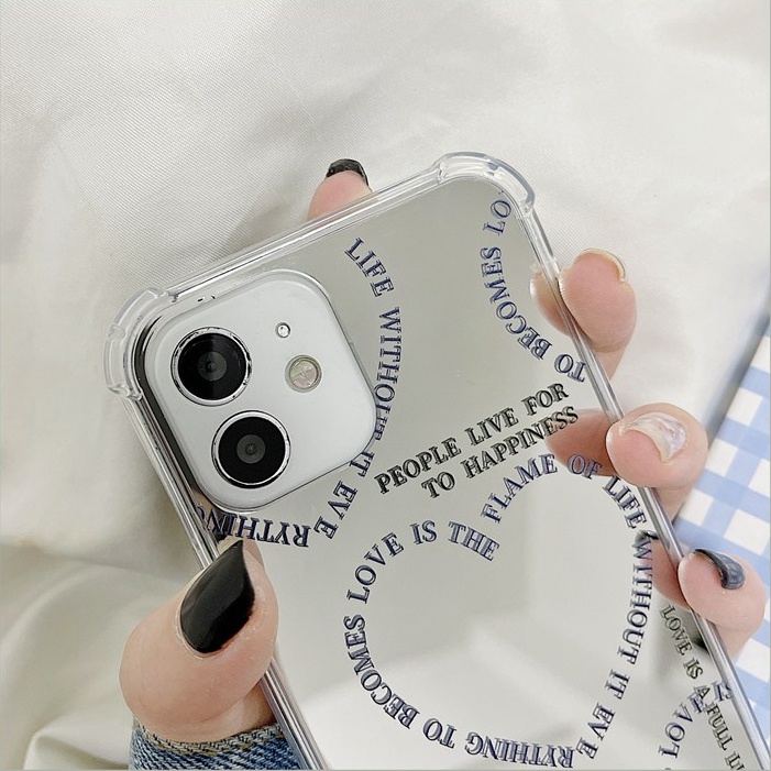 【Anti Fall Mirror】Pretty Silver Makeup Silicone Soft Case Iphone 6S 7 8 Plus X XR XS Max IPhone 11 12 13 14 Pro Max 14 Plus 7+ 8+ 12 13 mini for Women Girl Ins English Love