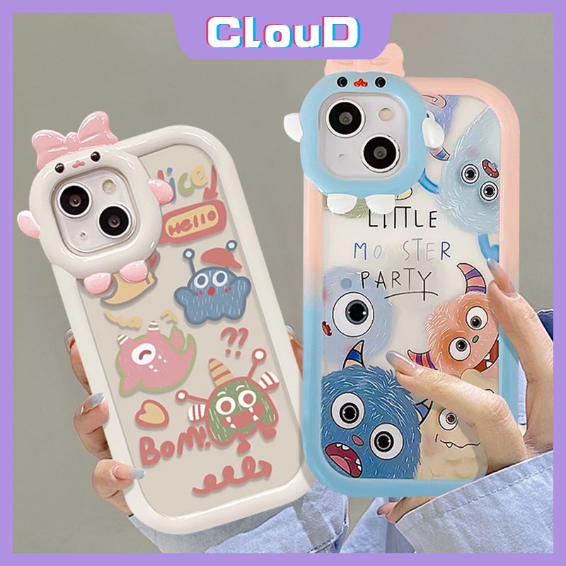 IPHONE Casing Ponsel Lensa Monster Kecil Busur 3D Kompatibel Untuk Iphone11 13 14 12 Pro Max7 8 14 6 6S Plus X XR XS MAX SE 2020 Kartun Monster Kecil Yang Lucu Lembut Tpu Penutup Belakang