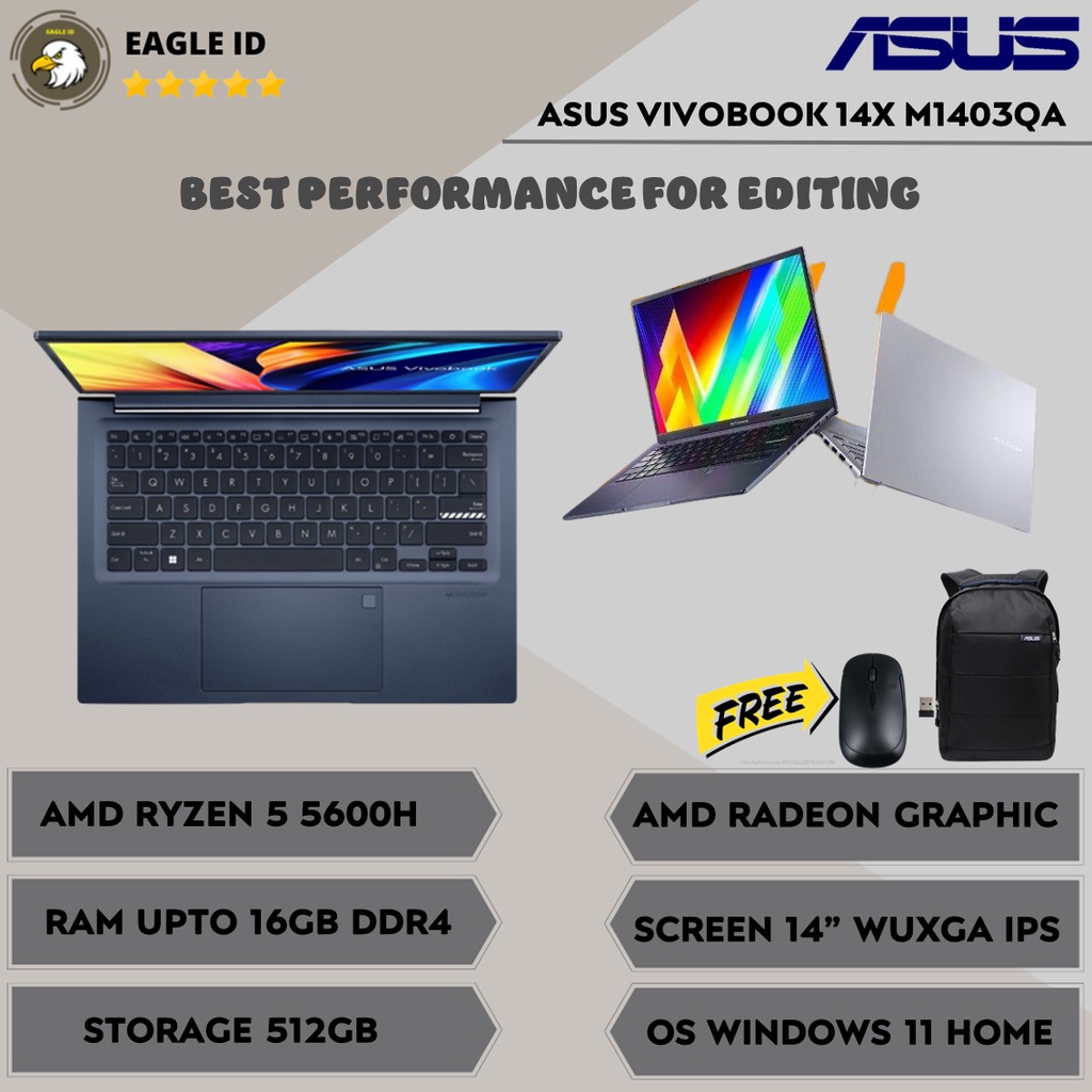 LAPTOP ASUS VIVOBOOK 14X RYZEN 5 5600H 16GB 512GB SSD WUXGA WIN11+OHS