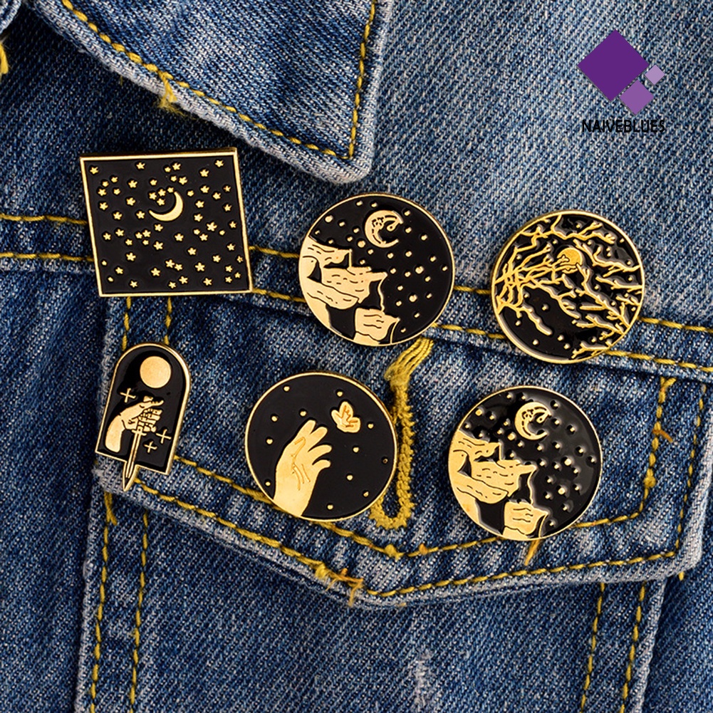 &lt; Naiveblues &gt; Enamel Bulat Retro Bulan Bintang Belati Aksesori Denim Jaket Bros