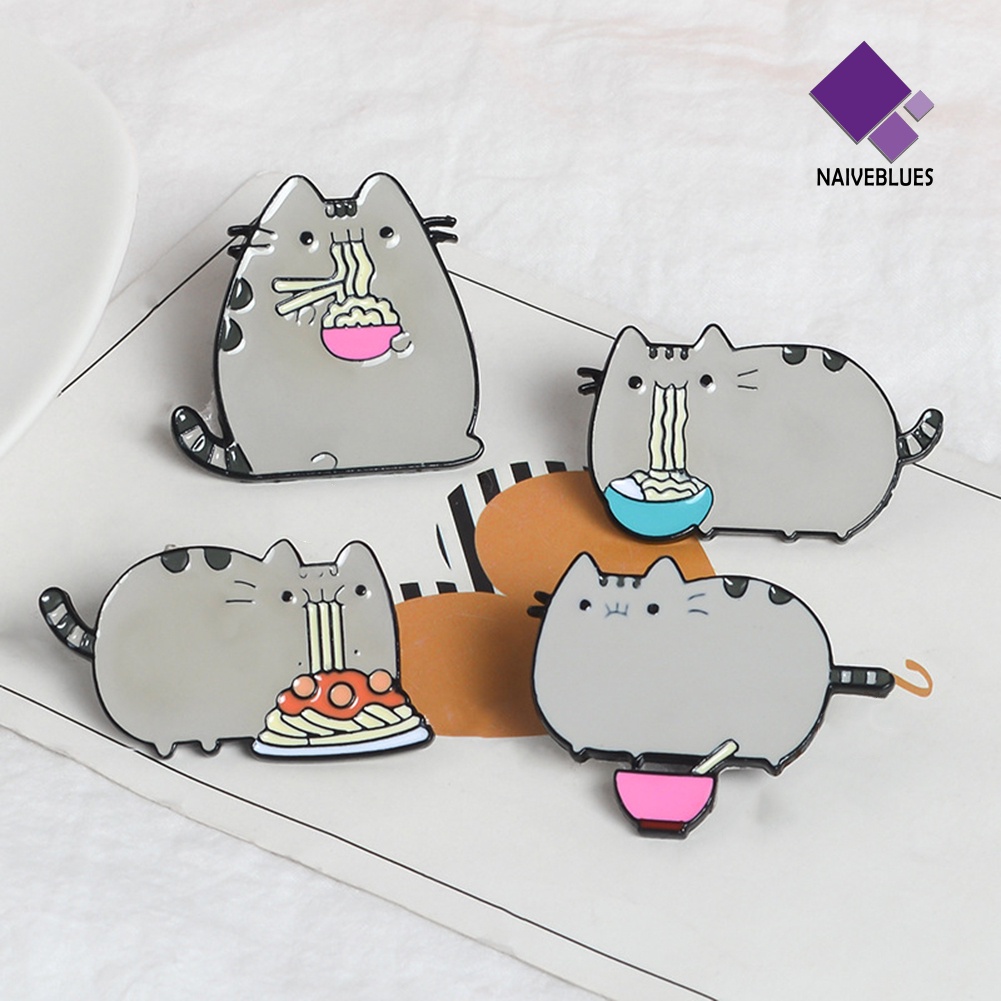 &lt; Naiveblues &gt; Kartun Lucu Kucing Gemuk Makan Mie Enamel Pin Kerah Lapel Perhiasan