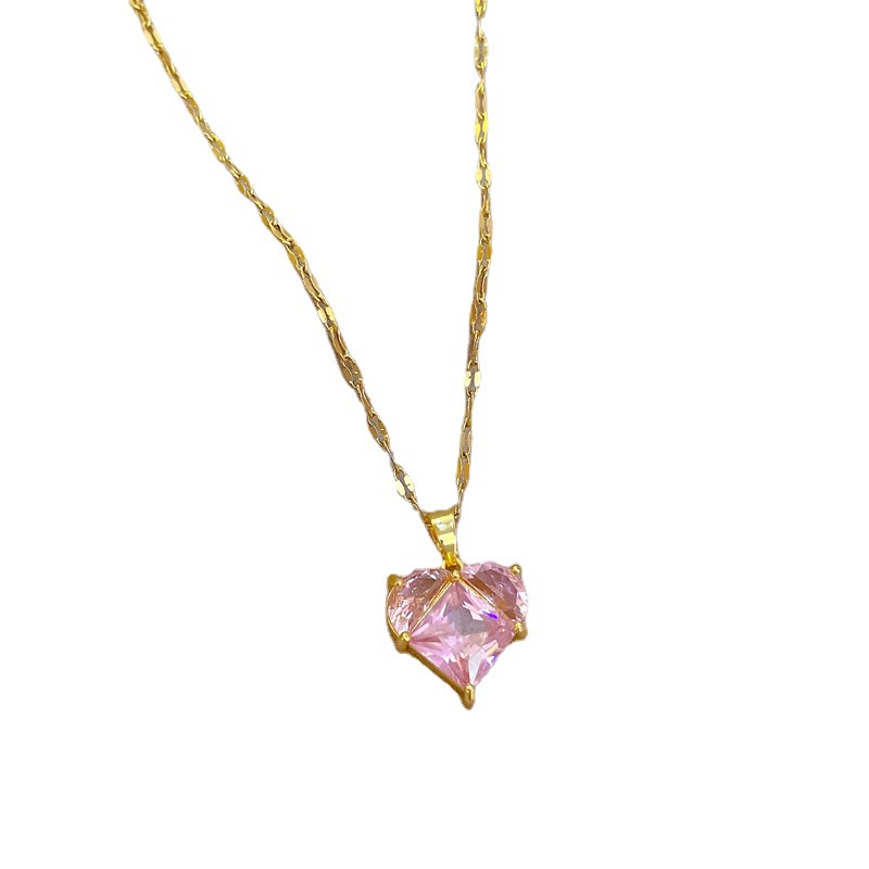 Kalung Hati Kristal Pink Korea Zirkon Merah Muda Liontin Cinta Kalung Colorfast Titanium Necklace