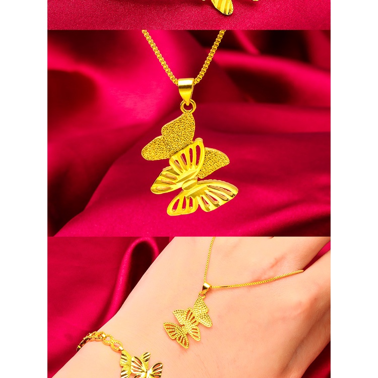 Goldkingdom Perhiasan Fashion 24K Bangkok Aksesoris Ready Stock Wanita Busur Gelang Kalung Cincin Kupu Lapis Emas Set