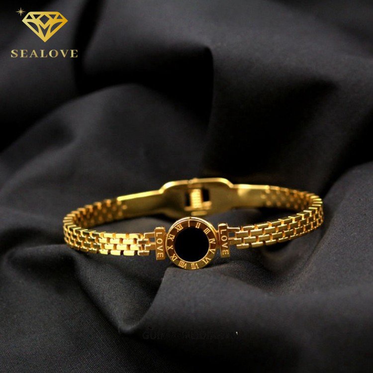 Gelang titanium Wanita Anti Karat Bulat Hitam Romawi Emas 18K Bangle Aksesoris Mewah Korean Style COD