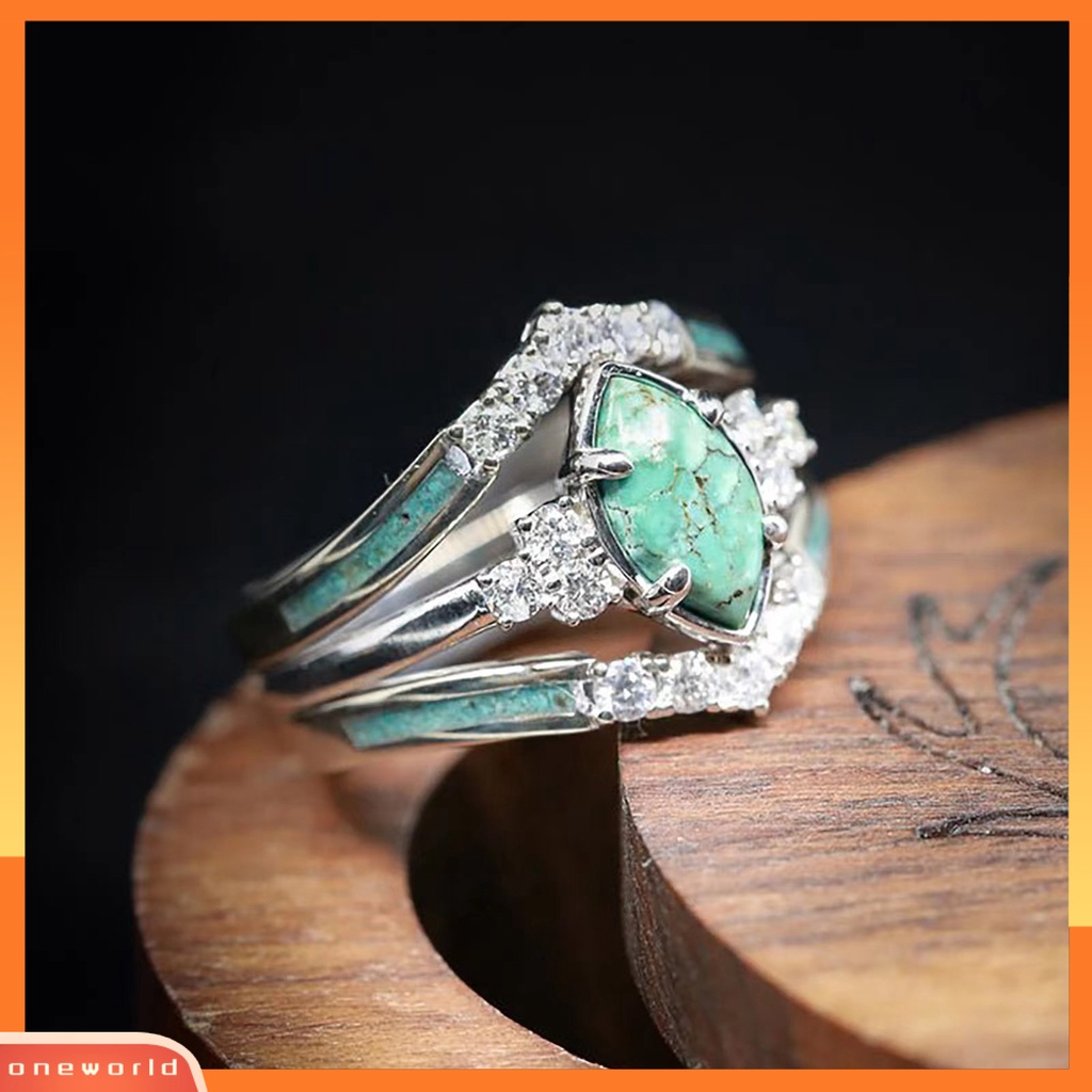 [EONE] Wanita Cincin Vintage Rusak Imitasi Turquoise Alloy Mewah Kepribadian Hadiah Berlian Imitasi Bertatahkan Jari Cincin Fashion Perhiasan