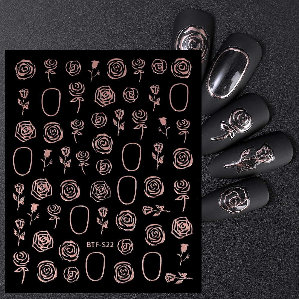 [Unggulan] 1lembar Emas Perak Pola Bunga Mawar Kertas Kuku Stiker 3D Hologram Efek Logam Kuku Perekat Tape Transfer Air Nail Decal Slider Manicure Art Dekorasi