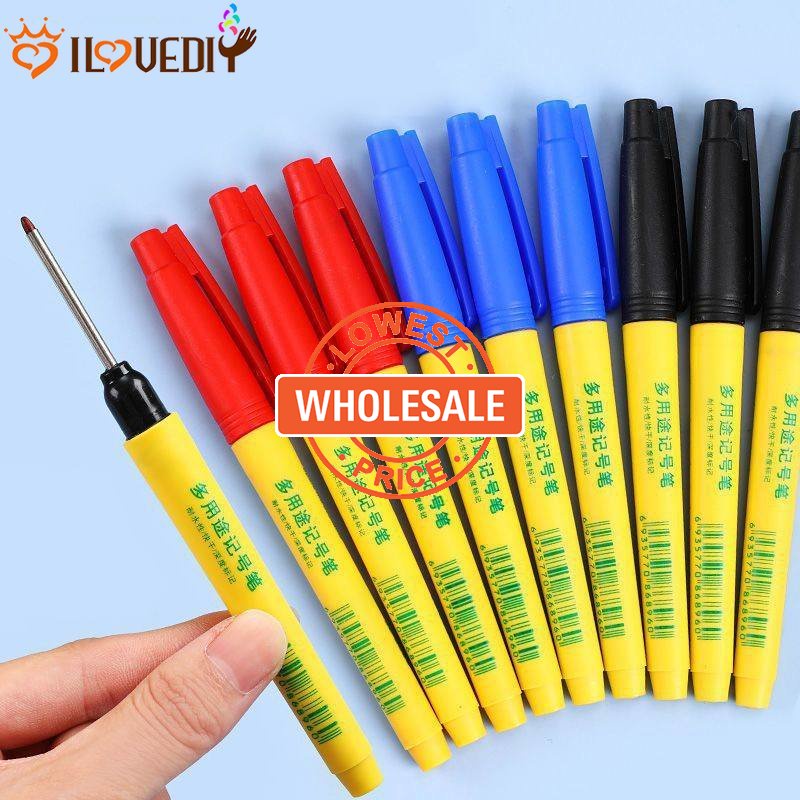 [Harga Grosir] Pulpen Panjang Penanda Kepala Hitam Biru Merah Dekorasi Rumah Bolpen Konstruksi 33mm Black Long Tip Deep Hole Head Marking Pen Pulpen Pelubang Logam Serbaguna