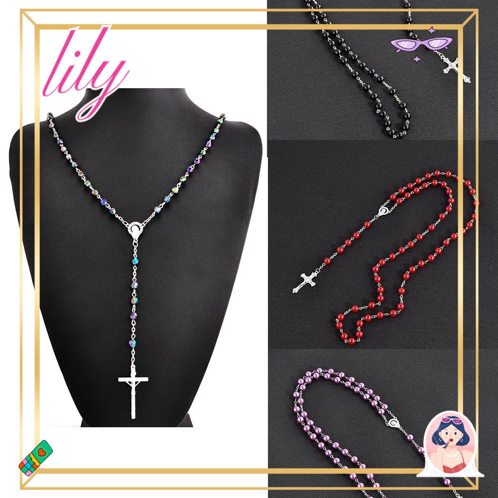 Perhiasan Kalung Salib LILY Charm Salib Rosario Beads Chain