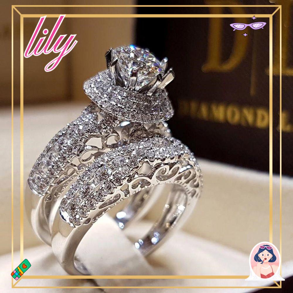 Lily 2 Pcs Cincin Berlian Wanita Perhiasan Elegan Set Tunangan Perhiasan Aksesoris Pasangan Mewah Kristal