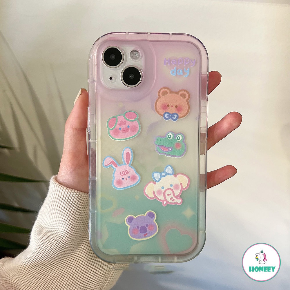 IPHONE Retro Happy Animal Zoo Gradien Casing Ponsel Shell Transparan Untuk Iphone14 13 12 11 Pro Max14 Plus Case Kartun Lucu Soft Cover