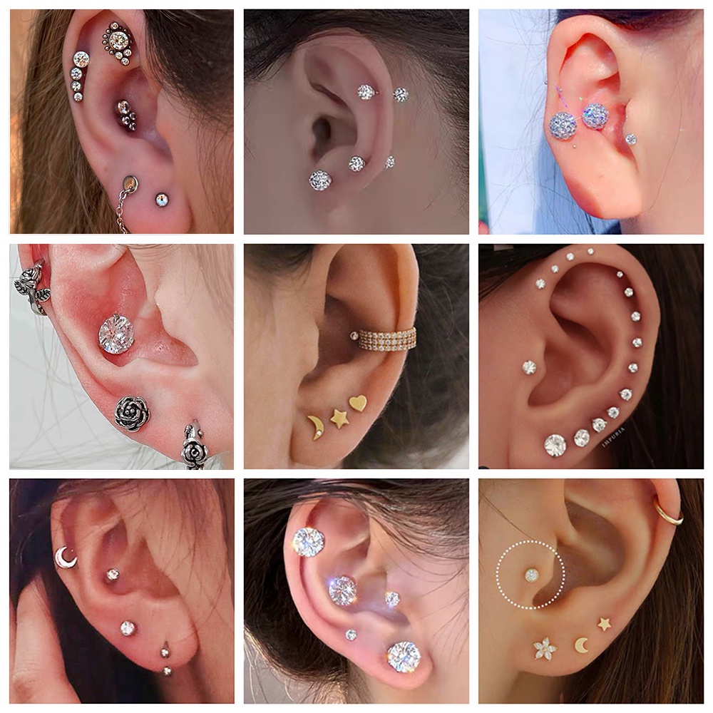 3-6 Pcs Stainless Steel Tulang Rawan Kristal Stud Earrings Set Kupu-Kupu Bunga Mawar Anting Datar Bawah Telinga Stud Helix Piercing