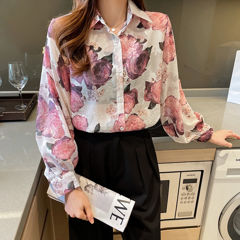 2023 New Fashion Korea Kemeja Wanita Lengan Panjang Cetakan Bunga Merah Muda Kasual Atasan Pesta Kerja Women Long-sleeved Shirt