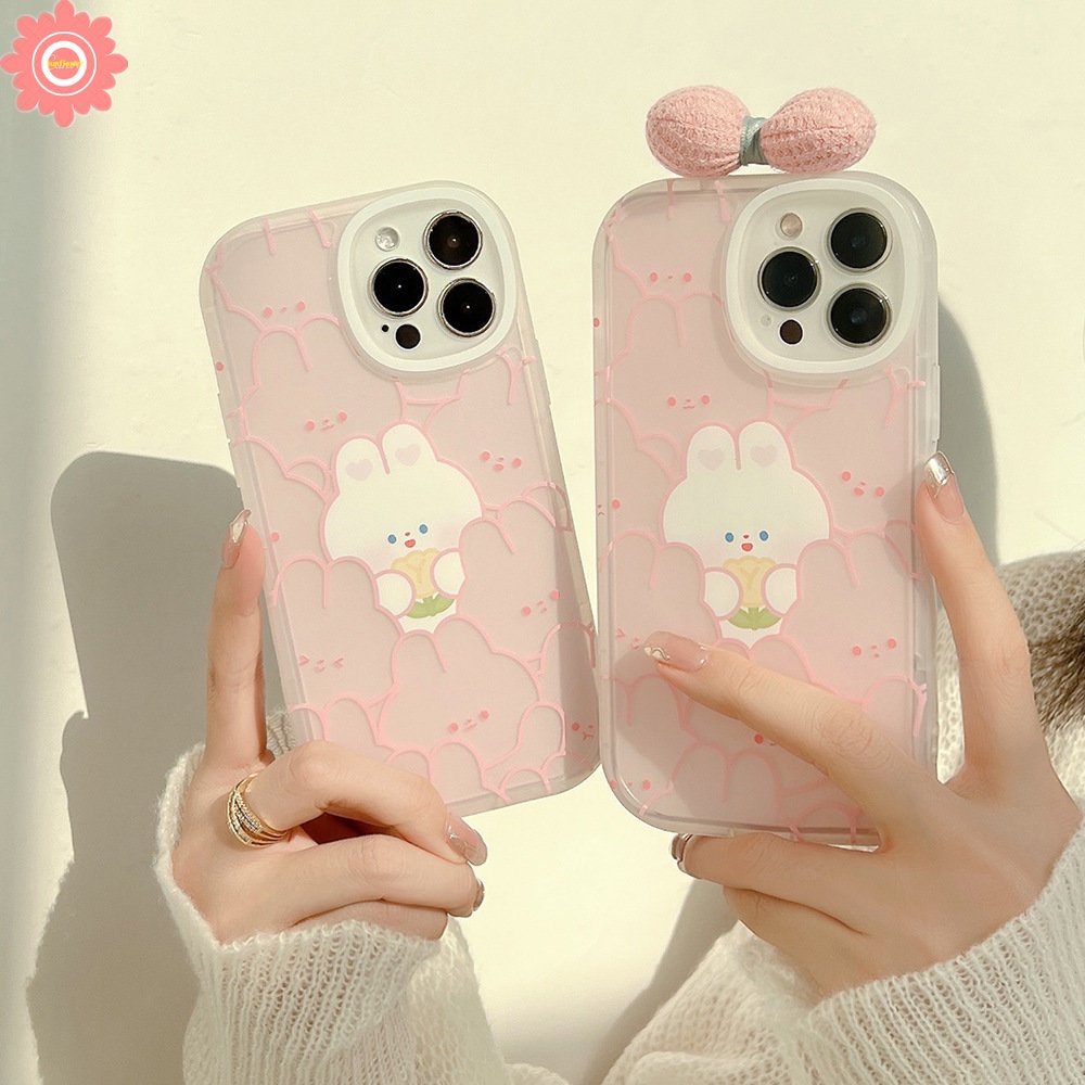 IPHONE 3d Ikatan Simpul Hias Lovely Case Kompatibel Untuk Iphone11 14 13 12 Pro Max 7Plus XR X XS Max7 8 6 6s Plus SE 2020 Kartun Lucu Kelinci Lembut Shockproof Cover