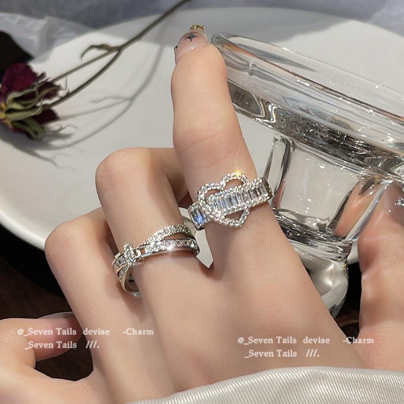 Mewah Zirkon Jantung Cincin Perak Kristal Silang Rings Untuk Wanita Fashion Perhiasan Y2K Aksesoris