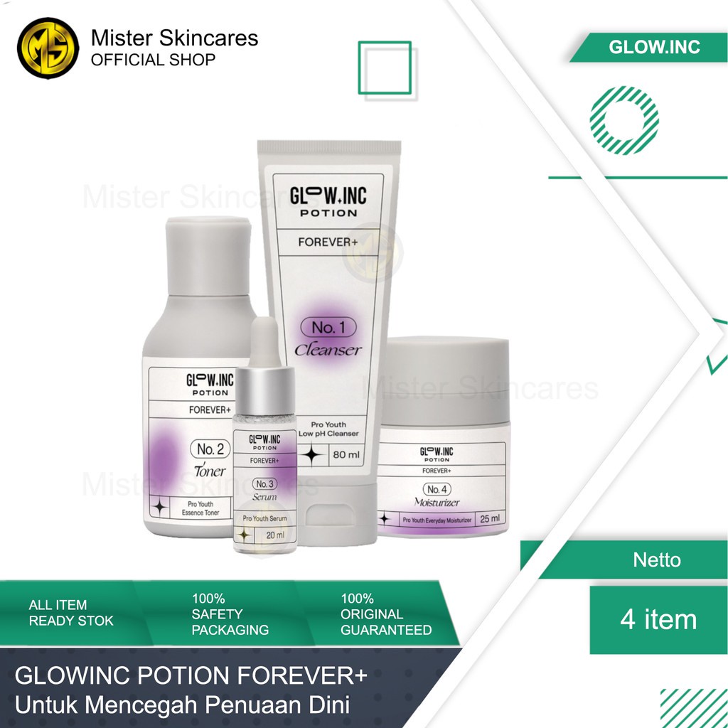 GLOWINC POTION FOREVER+ Pro Youth Low pH Cleanser Toner Serum Moisturizer - Anti Aging