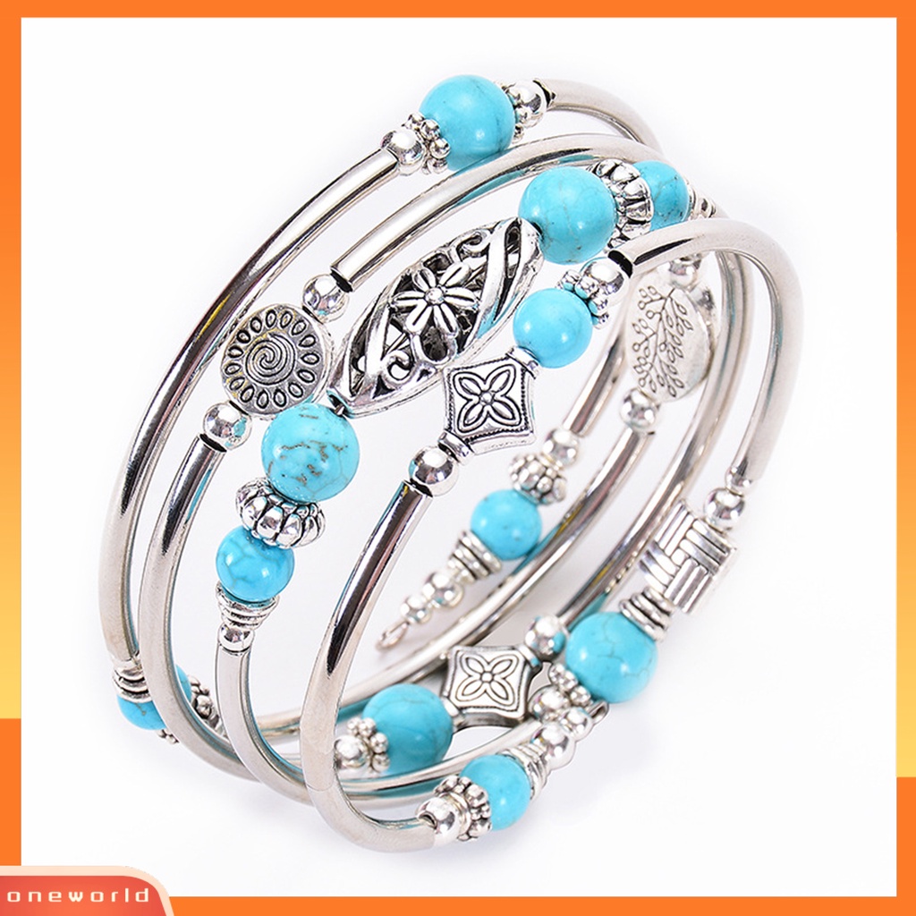 [EONE] Wanita Bangle Batu Alam Etnik Multi Layered Retro Biru Turquoise Beads Bungkus Gelang Perhiasan Aksesoris