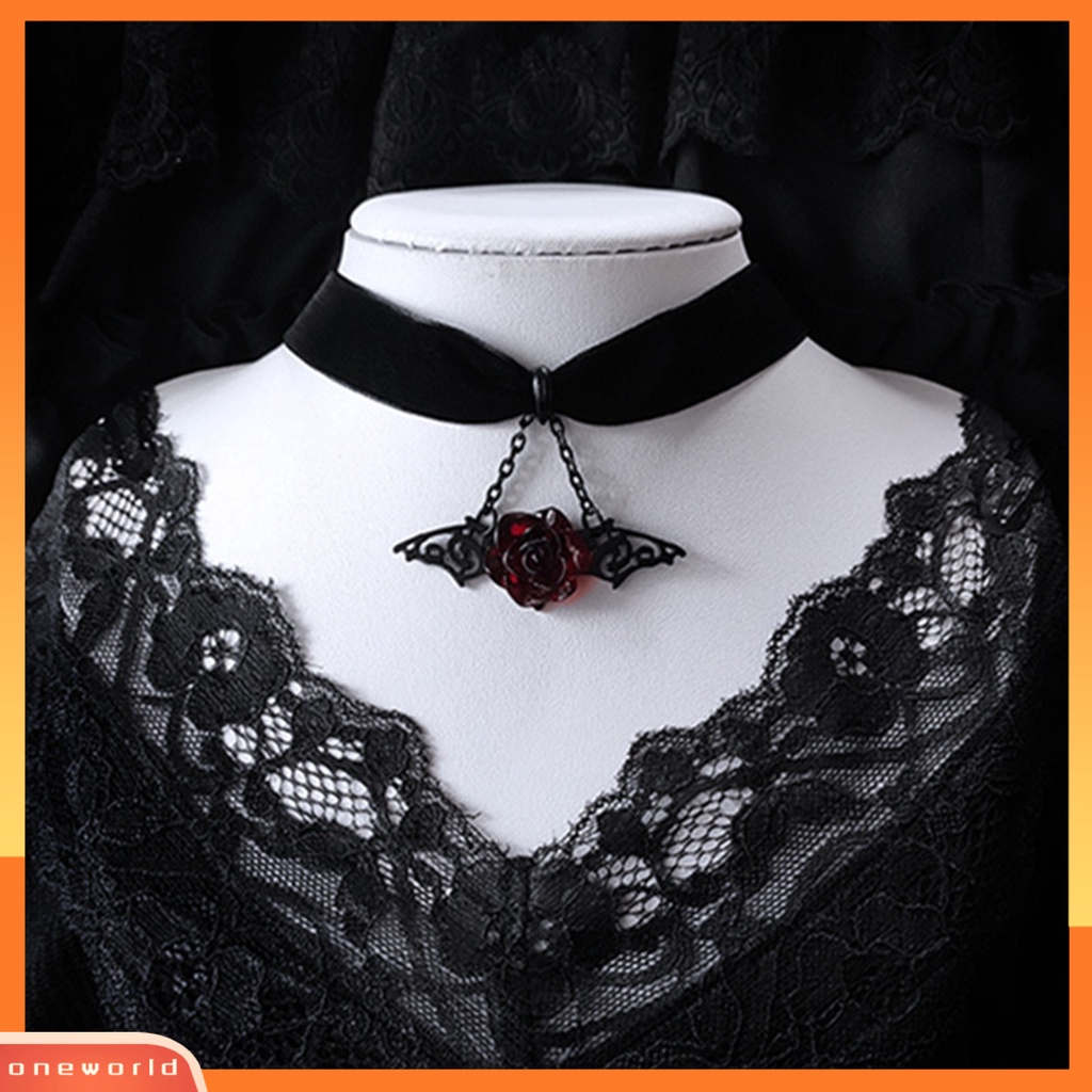 [EONE] Wanita Choker Beludru Hitam Gothic Liar Punk Hadiah Aksesori Perhiasan Mawar Merah Kelelawar Sayap Liontin Gadis Kerah Kalung Pakaian Sehari-Hari