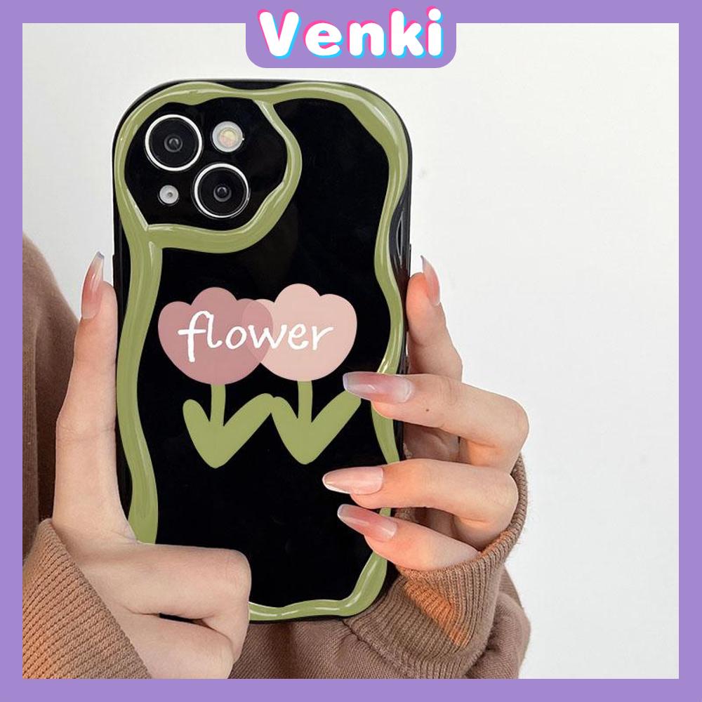 VENKI - For iPhone 11 iPhone Case 3D Curved Edge Wave TPU Airbag Shockproof Camera Cover Glossy Black Flower Compatible with iPhone 14 13 Pro max 12 Pro Max xr xs max 7Plus 8Plus