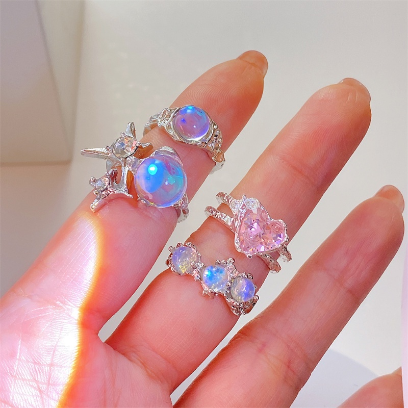 Y2k Moonstone Zircon Cincin Emas Perak Hati Berlian Rings Untuk Wanita Fashion Aksesoris Perhiasan