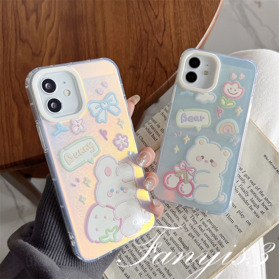 Compatible For IPhone 14 13 12 11 Pro Max X XR Xs Max 8 7 Plus SE 2020 Kompatibel Untuk Cute Little Bear Rabbit IMD Laser Gradient Phone Case TPU Lembut Shockproof Cover Pelindung