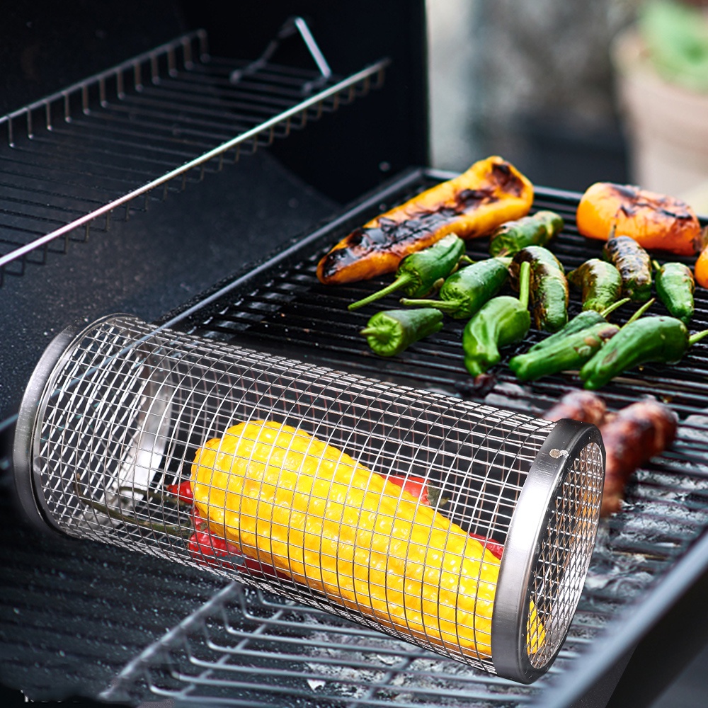 Keranjang Panggangan Berputar Silinder/Panggangan Stainless Steel Tahan Suhu Tinggi/Kandang Barbekyu Artefak Masak Makanan/Alat Panggang Piknik