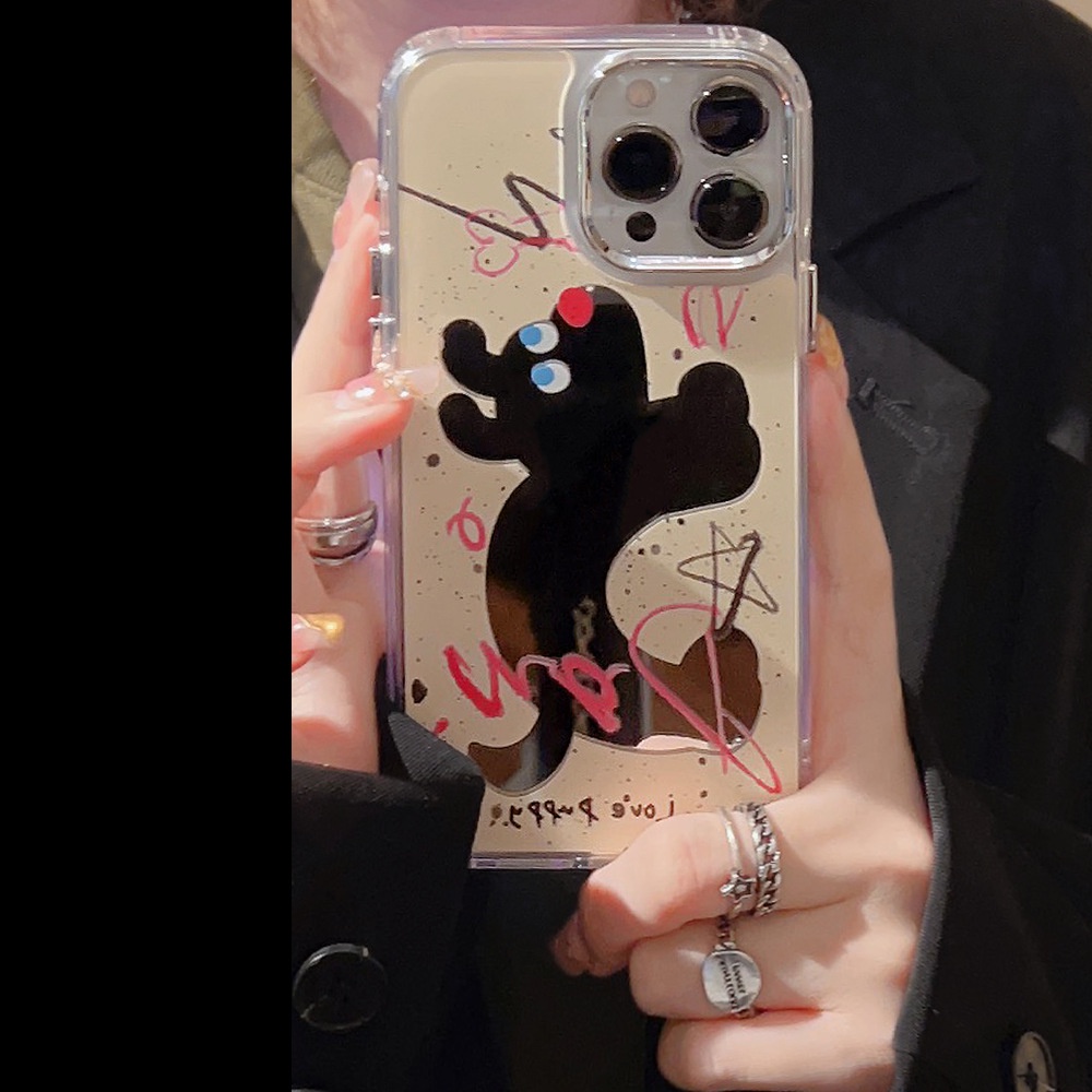 IPHONE Splash-ink Puppy Dog Mirror Phone Case Electroplated Bingkai Kamera Makeup Covers Untuk Iphone11 12 13 14 PLUS PRO MAX