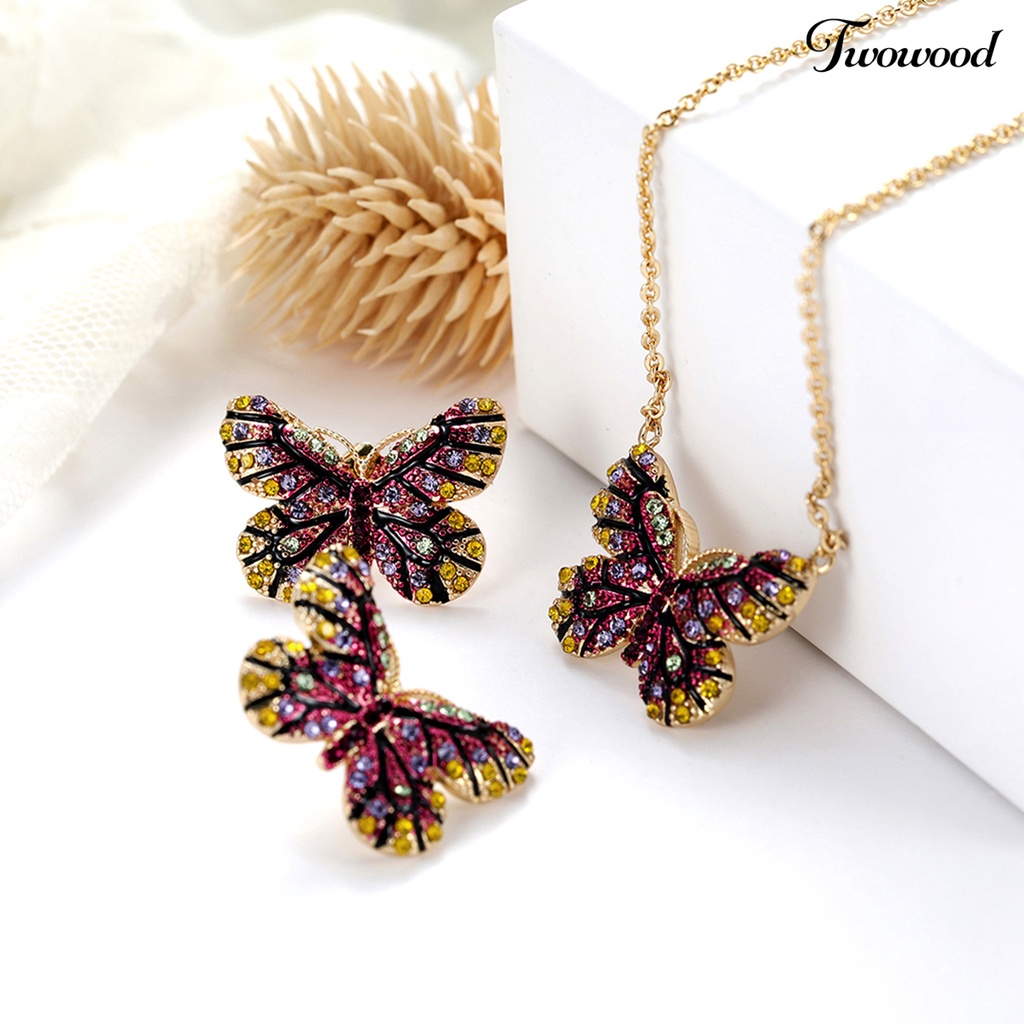 Twowood 1set Set Perhiasan Bersinar Kupu-Kupu Berbentuk Temperamen Menarik Kilau Terang Dekorasi Electroplating Lady Dress Leher Rantai Anting Wanita Aksesori