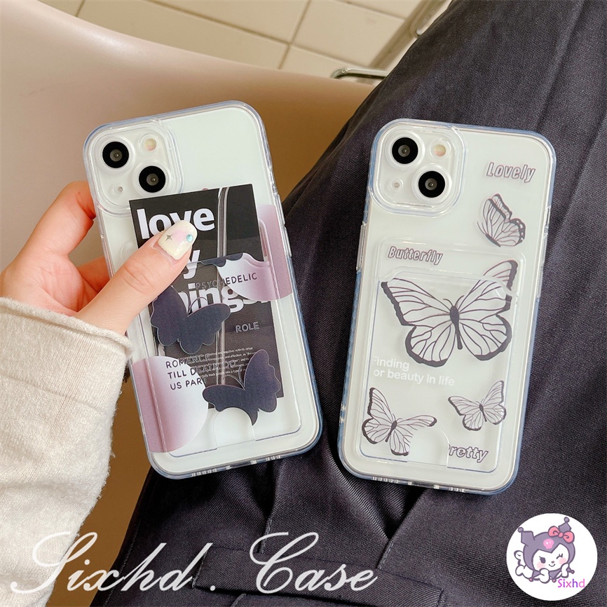 IPHONE Case Holder Kartu Kompatibel Untuk Iphone11 14 13 12 Pro Max SE 2020 X Xr Xs Max8 7 6 6s Plus Pasang Foto Fashion Ins Butterfly Couple Phone Cover