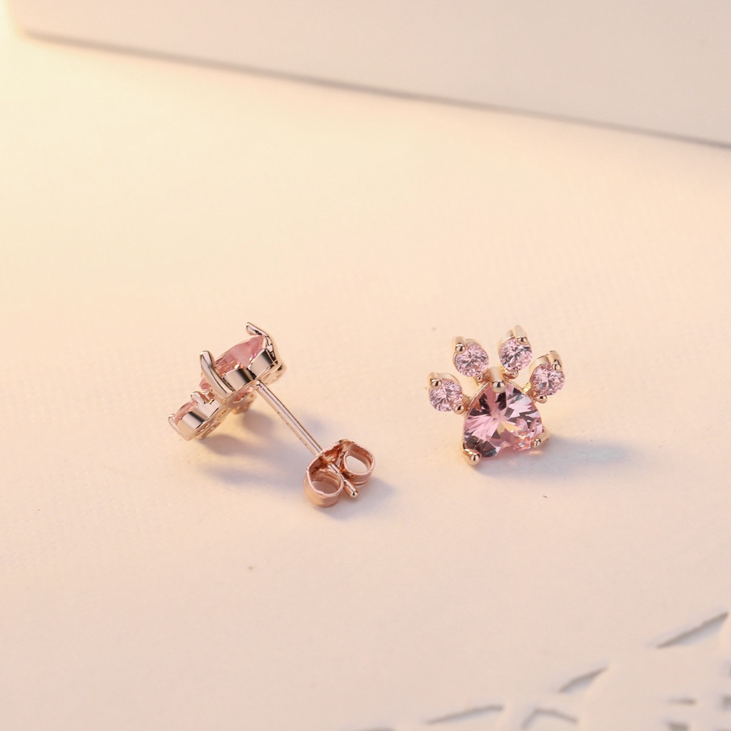 Goldkingdom Aksesoris Perhiasan Fashion Ready Stock Rose Gold plated Stud Earrings Jejak Kaki Kreatif Anting Berlian Merah Muda Anting