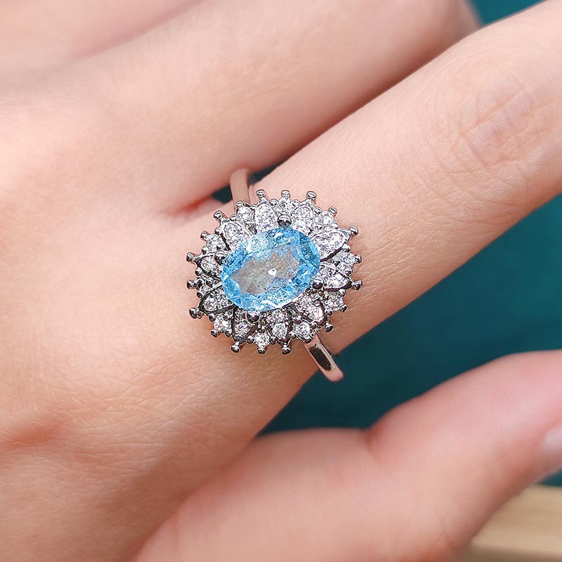 Goldkingdom Aksesoris Perhiasan Fashion Ready Stock Natural Sky Blue Topaz Ring Cincin Warna-Warni Perempuan