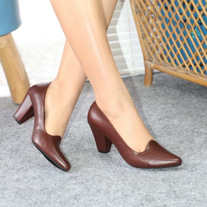 Sepatu Pantofel Heels 7cm Pantofel Heels Kerja Wanita Kulit PSS 701 - Cokelat, 37