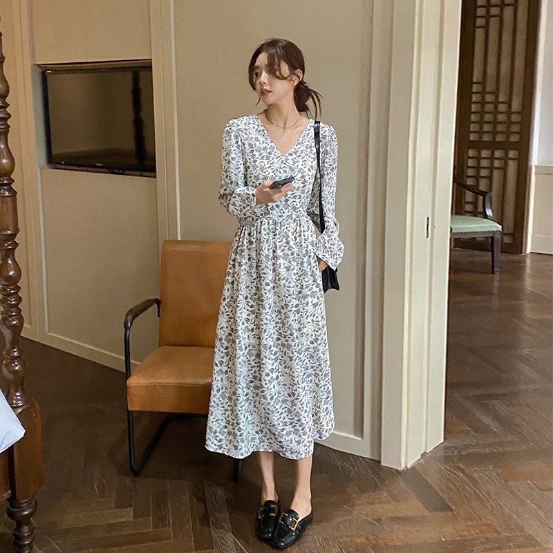 AIMEI V-neck floral long-sleeved dress female 2023 new French long dress