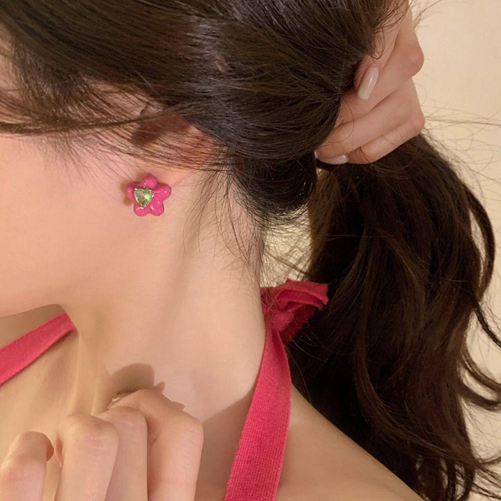 Rebuy Korea Anting Hati Mawar Merah Trendi Pernikahan Y2K Elegan Manis Berlian Imitasi Sederhana Anting Bunga