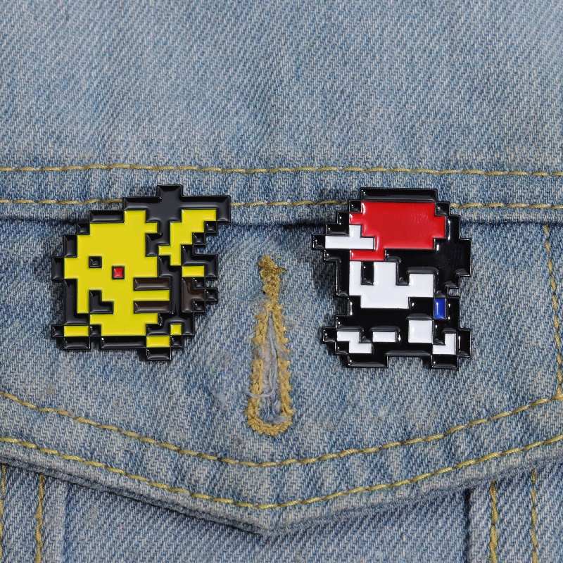 Mosaik Lucu Enamel Pin Kartun Pixel Pikachu Lebah Dinosaurus Bros Lencana Kerah Pin Anime Game Perhiasan Hadiah Untuk Penggemar Anak-Anak