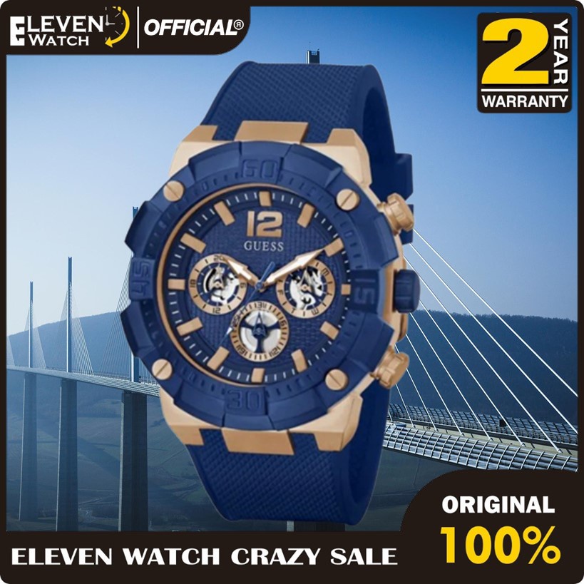 [Promo] Jam Tangan Pria Guess GW0264G4 Carryover Navigator Rose Gold Tone Case Blue Silicone  Garans