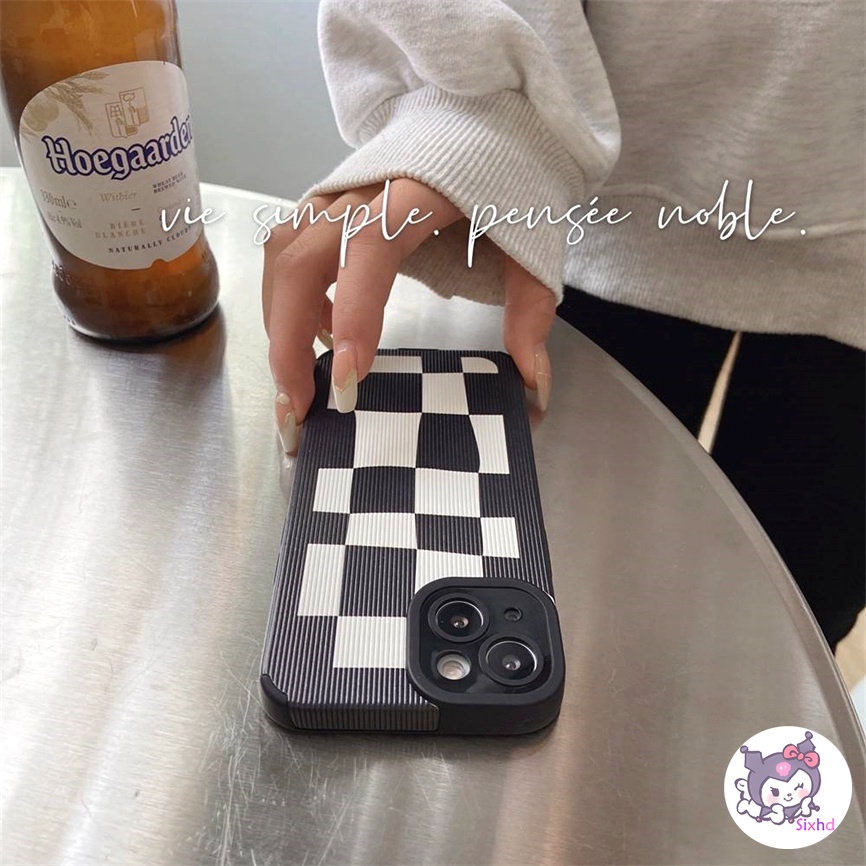 IPHONE Kompatibel Untuk Iphone14 13 12 11 Pro Max SE 2020 X Xr Xs Max8 7 Plus Kreatif Sederhana Hitam Putih Kotak-Kotak Perlindungan Tahan Guncangan Casing Ponsel Lembut Silicon Cover XJJJJ