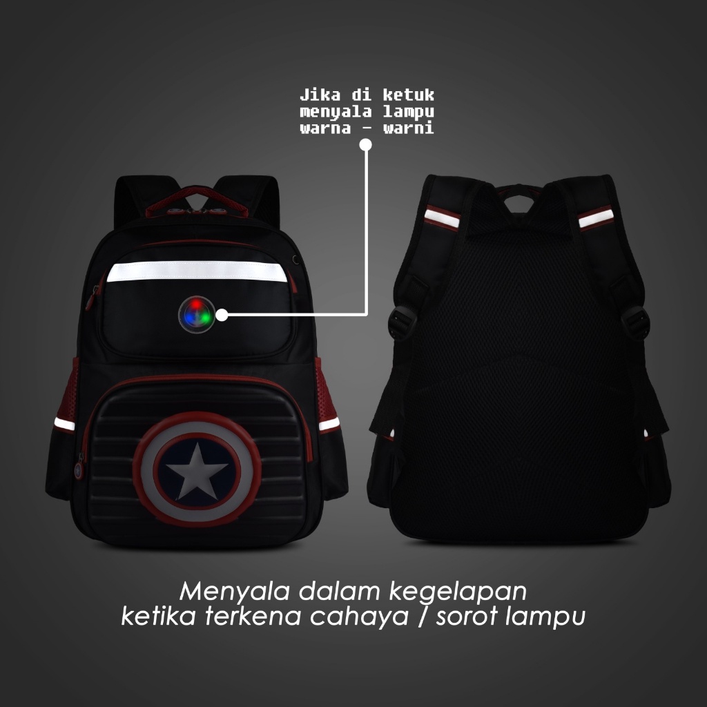 (RF) Tas Anak Laki Laki SD Cartoon 2222 Sekolah Import Premium Kualitas Gambar Karakter Superhero Timbul Lampu Motif Batman,Captain America,Iron Man, Spiderman