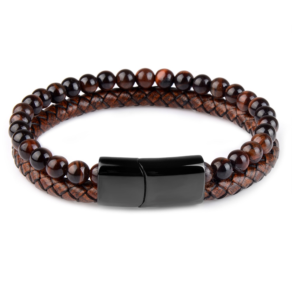 Batu Alam Kulit Dikepang Gelang Hitam Stainless Steel Magnetic Clasp Tiger eye Beads Bangle Pria Perhiasan