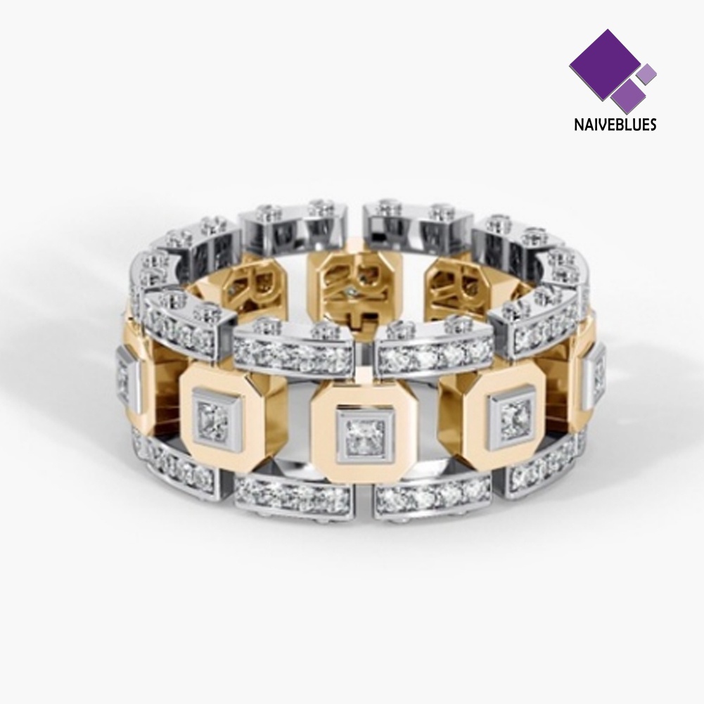 &lt; Naiveblues &gt; Pria Wanita Two Tone Berlian Imitasi Mengkilap Jari Cincin Pertunangan Perhiasan Hadiah