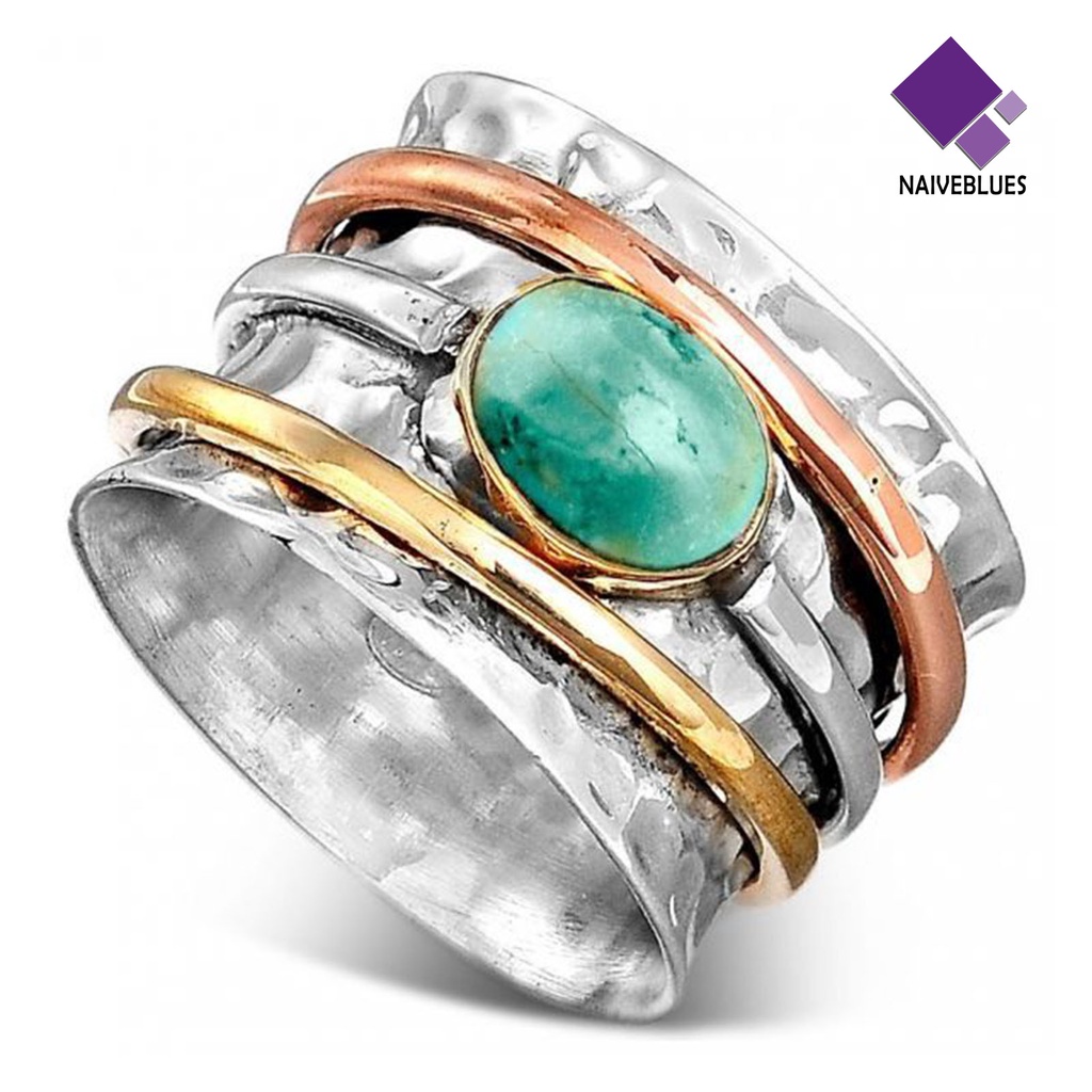 &lt; Naiveblues &gt; Cincin Pria Bohemian Vintage Hias Turquoises Jari Tiga Warna Untuk Pacaran