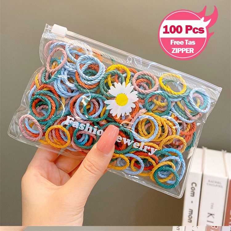 FREE POUCH isi 100 - Ikat Rambut / Karet Rambut Macaron Soft Colour / Kuncir Rambut Korea Warna Warni