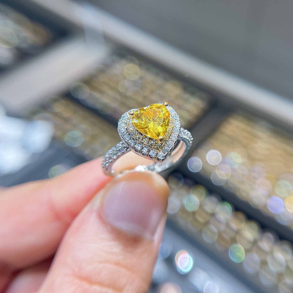 Goldkingdom Aksesoris Perhiasan Fashion Ready Stock Asche Cincin Berlian Kuning Klasik Royal Kristal Kuning Berbentuk Hati Mahkota Mikro Terbuka Cincin