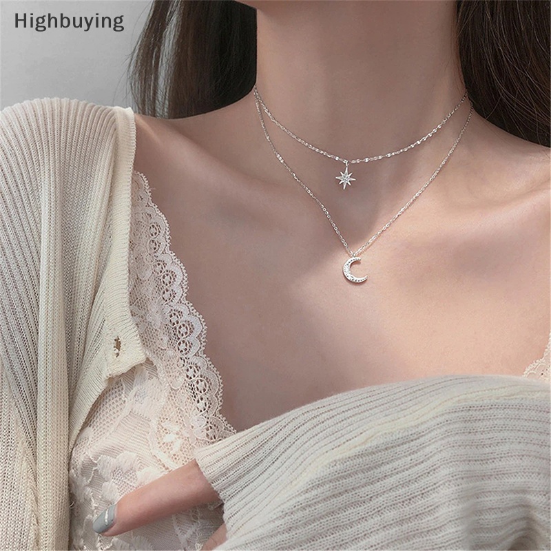 Hbid Kalung Liontin Bulan Bintang Lapisan Ganda Wanita Rantai Klavikula Choker Necklace Glory