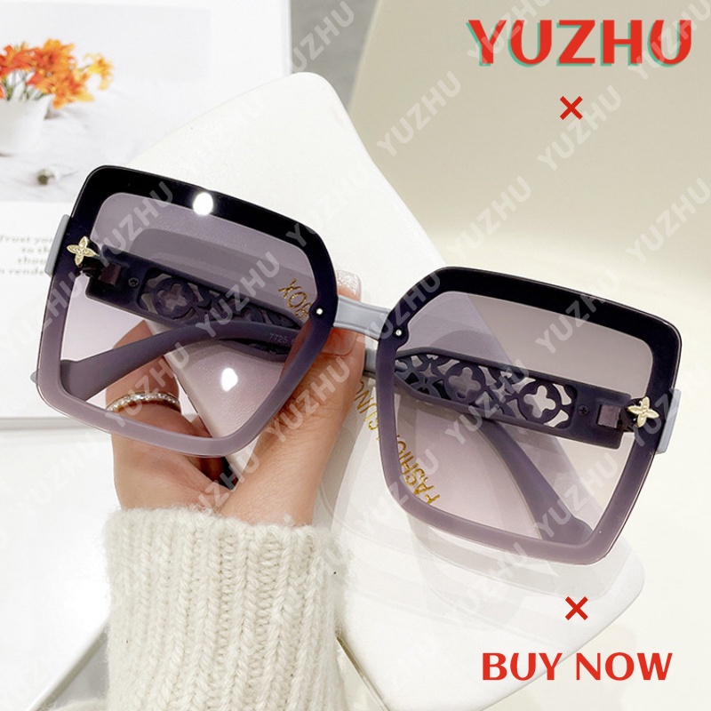 (YUZHU) Kacamata Hitam Semanggi Empat Daun Bergaya Baru Untuk Wanita Oversized Square Frame Hollow Temple Sunglasses