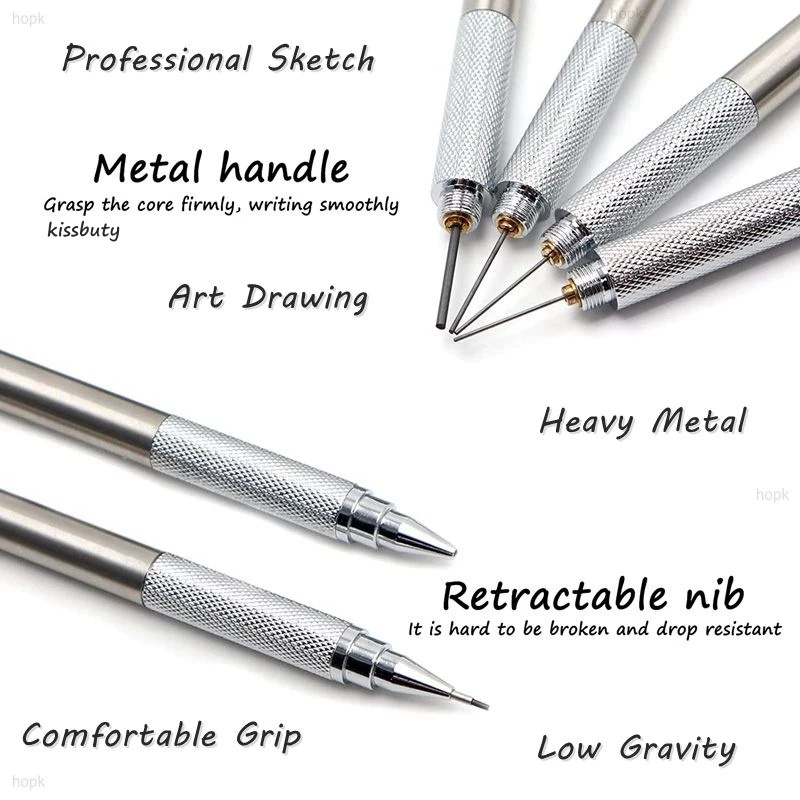 0.3-2.0mm Pensil Aktivitas Mekanik Metal Automatic Drawing Pen/Pensil Otomatis Refill HB Resin Replacement Core/Art Tracing Pen/Alat Tulis Amplas Abrasif