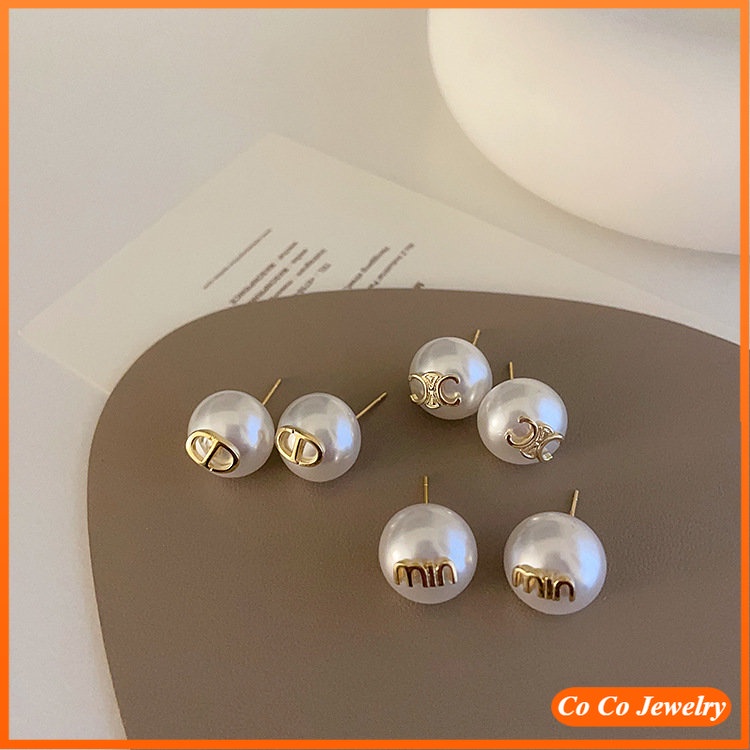 Anting Jarum Silver Alfabet Sederhana Mutiara Komuter Studs Earring Untuk Wanita Gadis Grosir