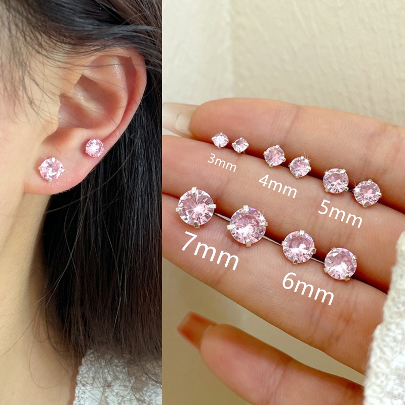 Manis Fashion Anting Stud Zirkon Merah Muda Untuk Wanita Mini Vintage Anting Kristal Bulat