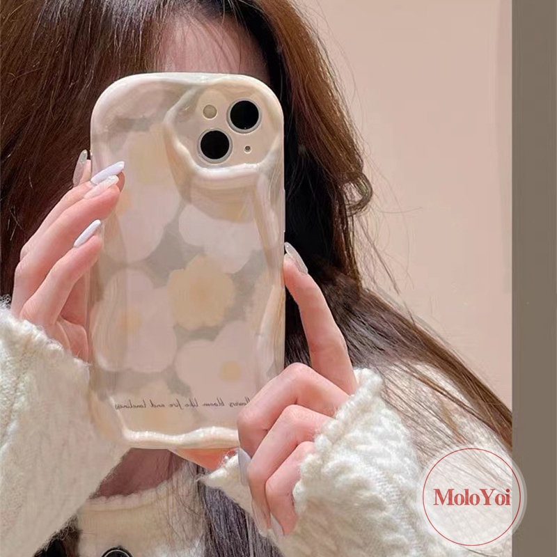 IPHONE 3d Wavy Curved Edge Shockproof Soft Glossy Back Case Kompatibel Untuk Iphone8-6 6s 7Plus XR XS X Max 7Plus 11 12 14 13 Pro Max SE 2020 Ins Spring Fresh Flower Cover