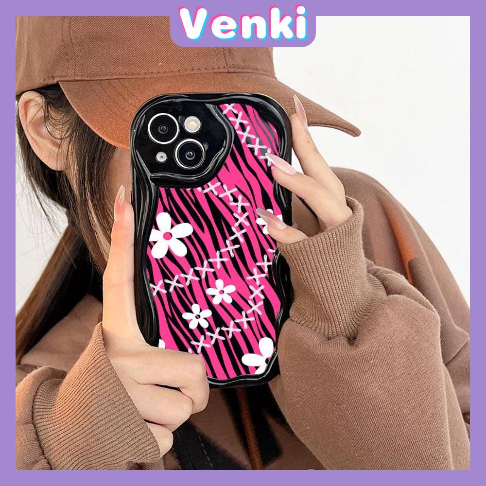 VENKI - For iPhone 11Phone Case Curved Edge Wave Case Glossy Black TPU Airbag Shockproof Camera Case White Floral Compatible with iPhone 14 13 Pro max 12 Pro Max xr xs max 7 8Plus