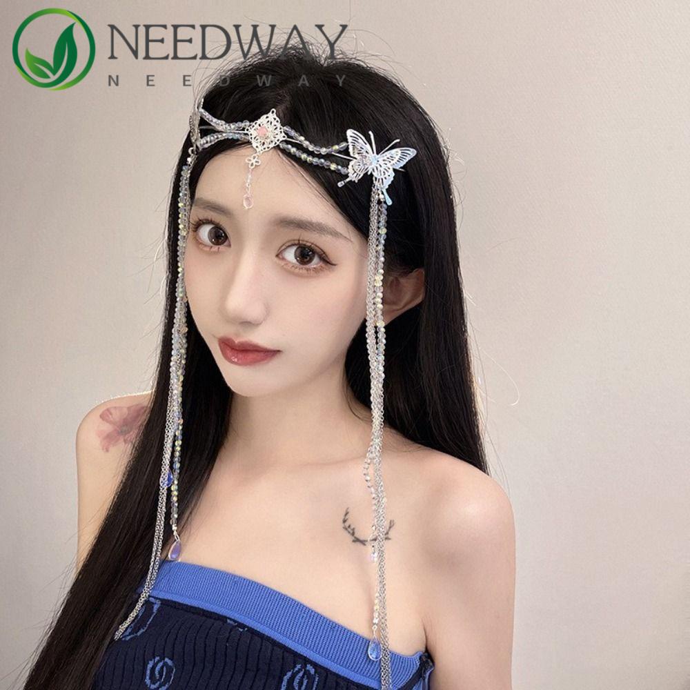 Needway   Kupu-Kupu Rumbai Hiasan Kepala Gadis Peri Festival Cosplay Properti Putri Hanfu Aksesoris Menghadapi Tirai Kerudung